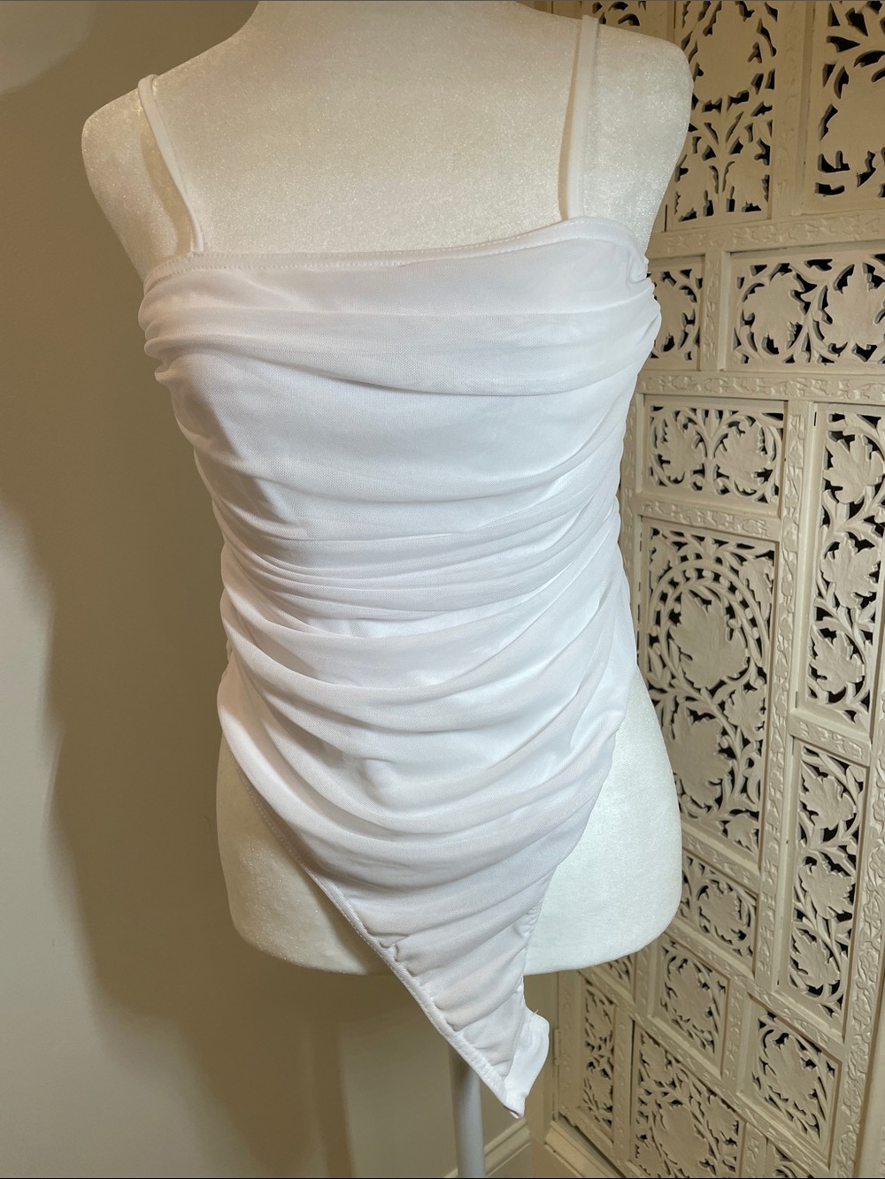 PrettyLittleThing White Ruched Mesh Bodysuit  and black with rosette